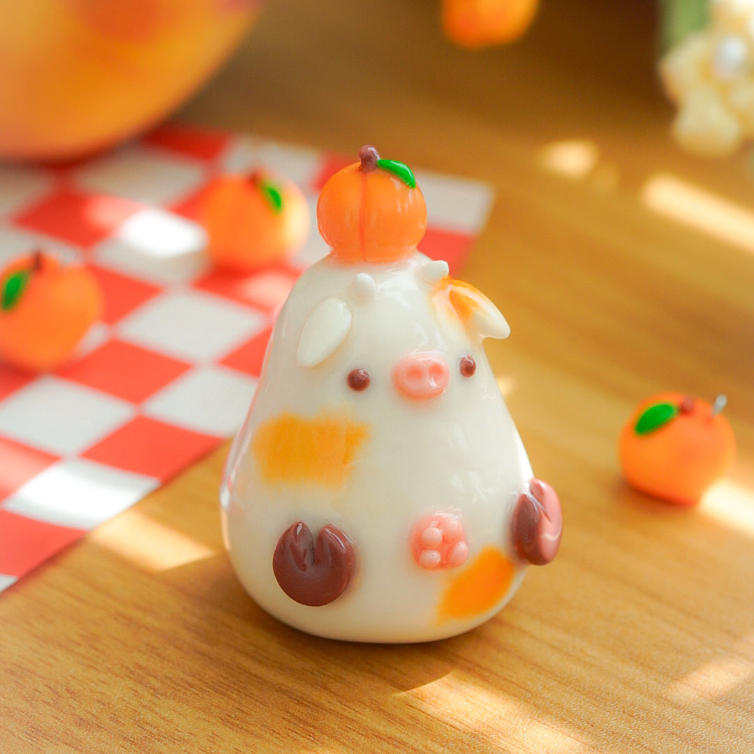 A cute, handcrafted white cow figurine cozy handmade desk buddy and figurine.